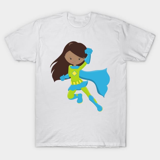African American Girl, Superhero Girl, Blue Cape T-Shirt by Jelena Dunčević